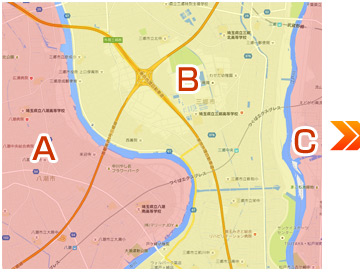 河川を中心に区分けした地図